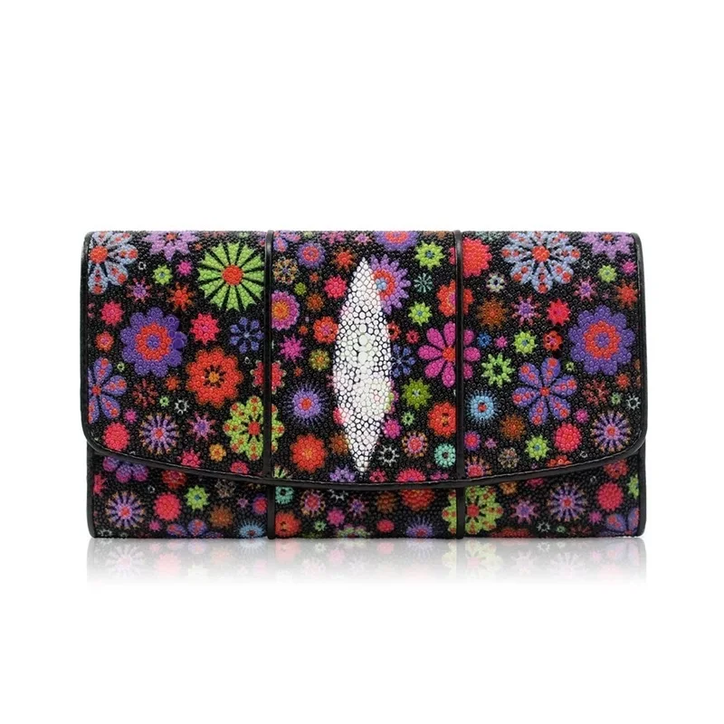 Женский кошелек настоящая кожа ската длинный с цветочным узором|designer purse|fashion
