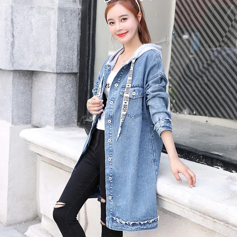 Джинсовая женская куртка осень весна 2019 свободная длинная однобортная Верхняя