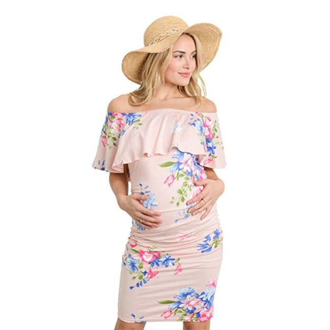 Women Sexy Knee-Lengt Dress 2022 Summer Pregnant Casual Slash Neck Off Shoulder Short Sleeve Ruffles Maternity Plus Size Vestido