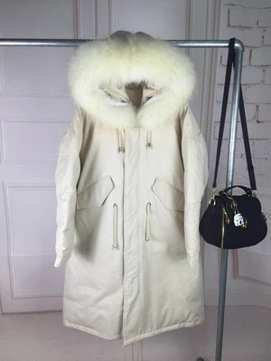 beige white Парки mujer, зимние свободные женские Пуховики с воротником из натурального меха енота и капюшоном, Повседневная Длинная стеганая куртка, пальто для женщин - Цвет: beige white