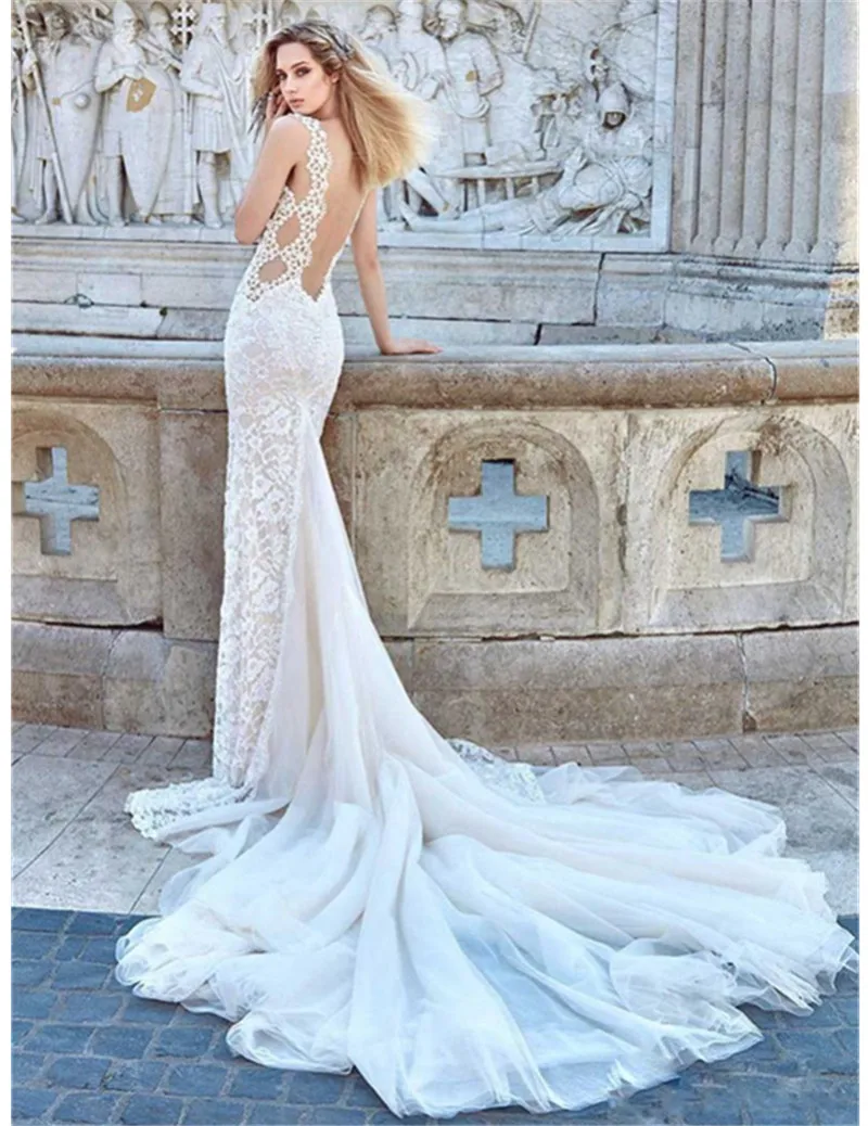 MZY076 Sexy Кружева Русалка Hollow Белый/Слоновая Кость Свадебное Платье Vestido Де Noiva