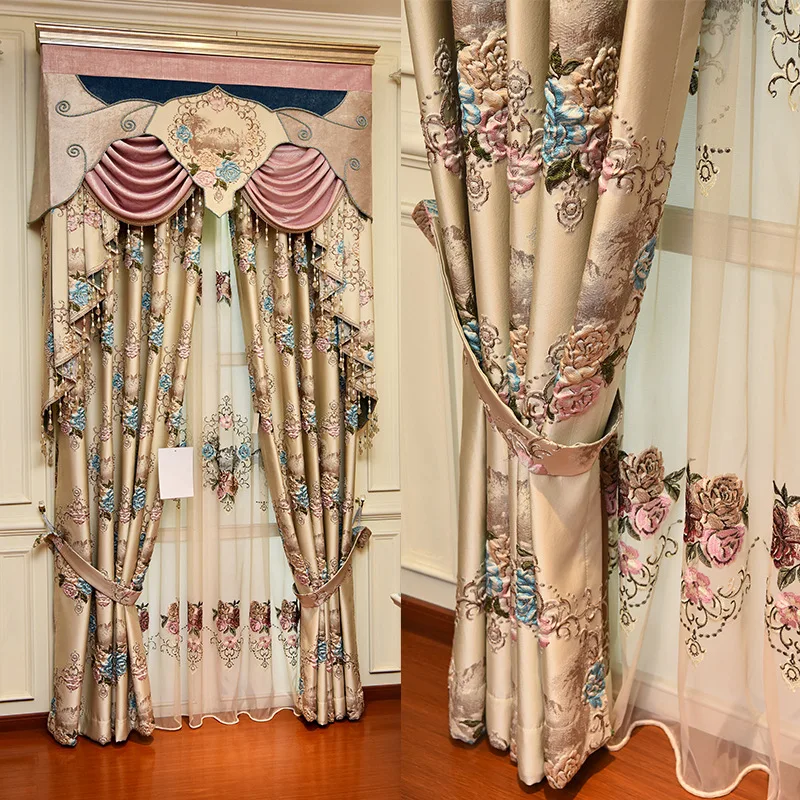 

Luxury 3D jacquard embossed Full Light Shading curtains for living room Hotel with high quality voile curtain for bedroom
