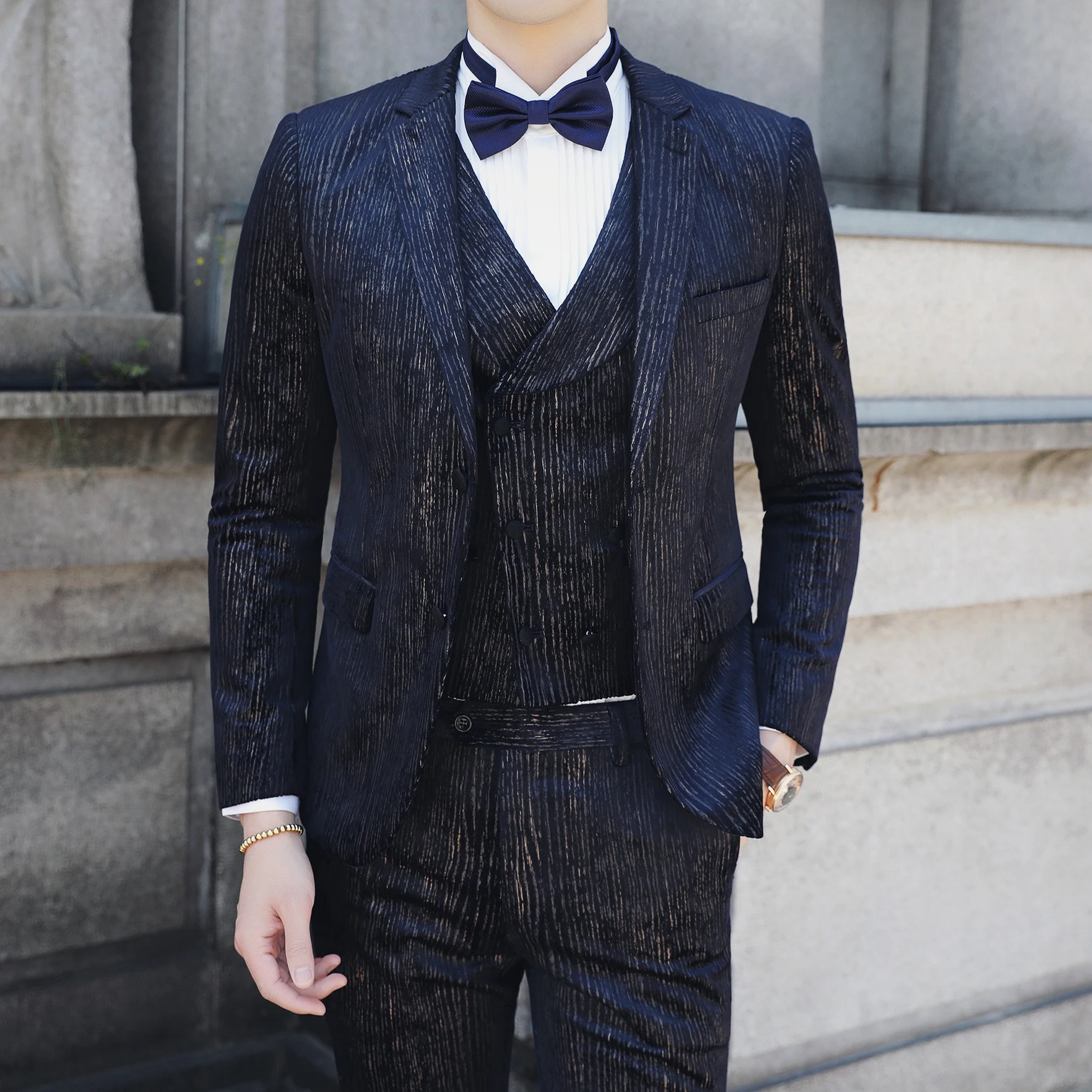 3-piece set Повседневная одежда(Блейзер+ жилет+ брюки), Trajes De Hombre, костюм Mariage Homme Tuxedo,, осенние мужские костюмы в полоску, мужские деловые костюмы - Цвет: 3-piece set