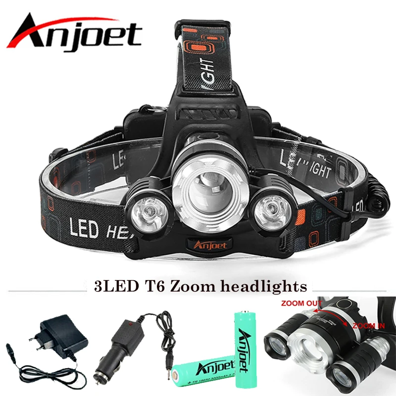 

Anjoet LED Headlamp 10000LM 3LED T6+R5 Chips Headlight Rechargeable Zoom Head Light Flashlight Hunting 18650 Battery Charger