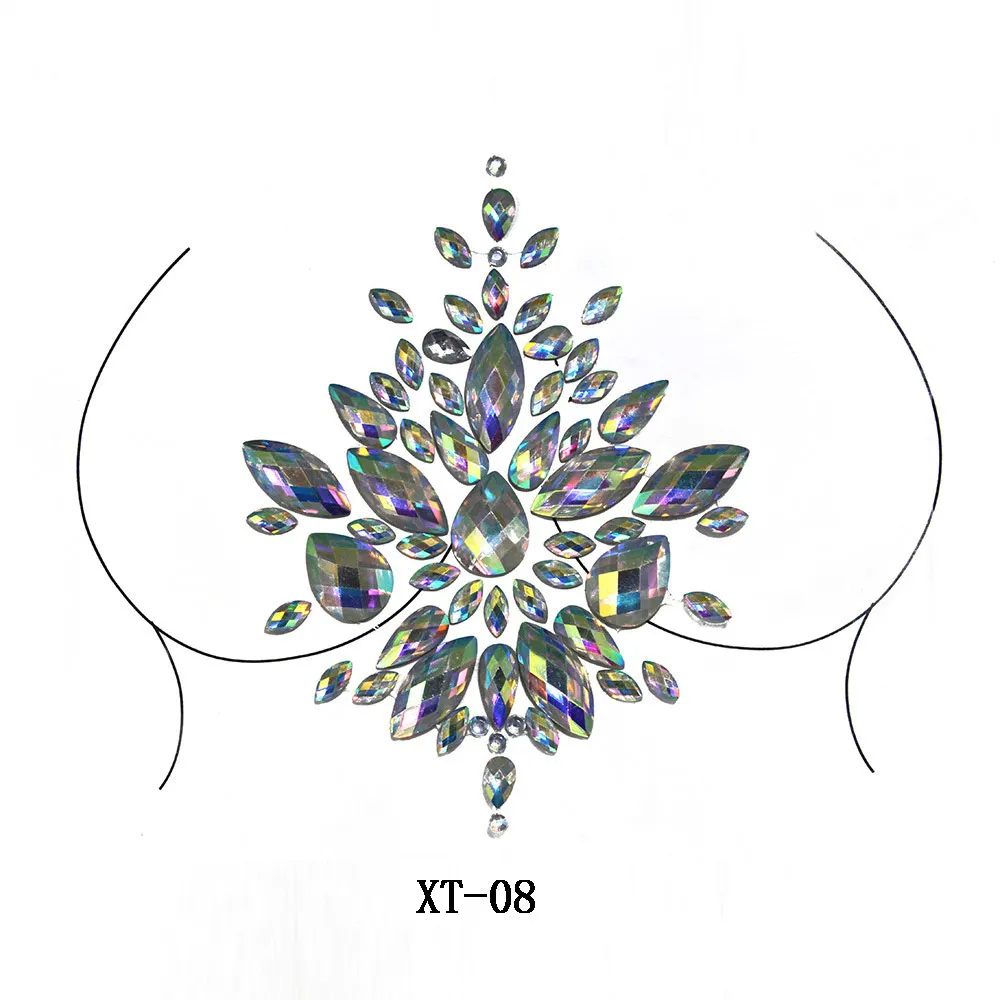 XT-08 Crystal Sexy Chest Jewels Temporary Tattoo Sticker 3D Stage Rhinestone Flash Tattoos Adhesive Face Jewel Chest Gem Body Paint - Цвет: XT-08