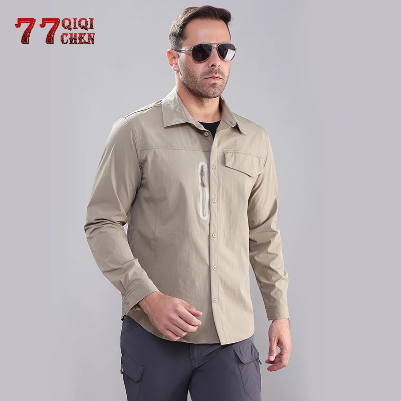 

QIQICHEN Quick drying Military Shirt Men Spring Breathable elastic force Shirts Tactics camisa masculina Long Sleeve Shirt
