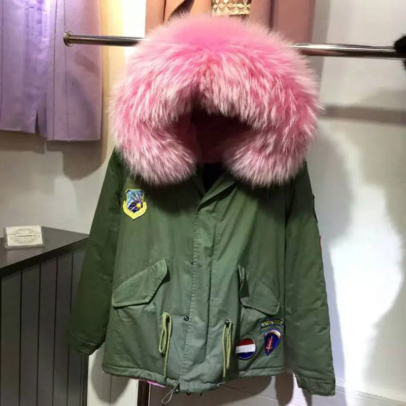 

Faux fur women Chapter jacket big raccoon hooded pink coat