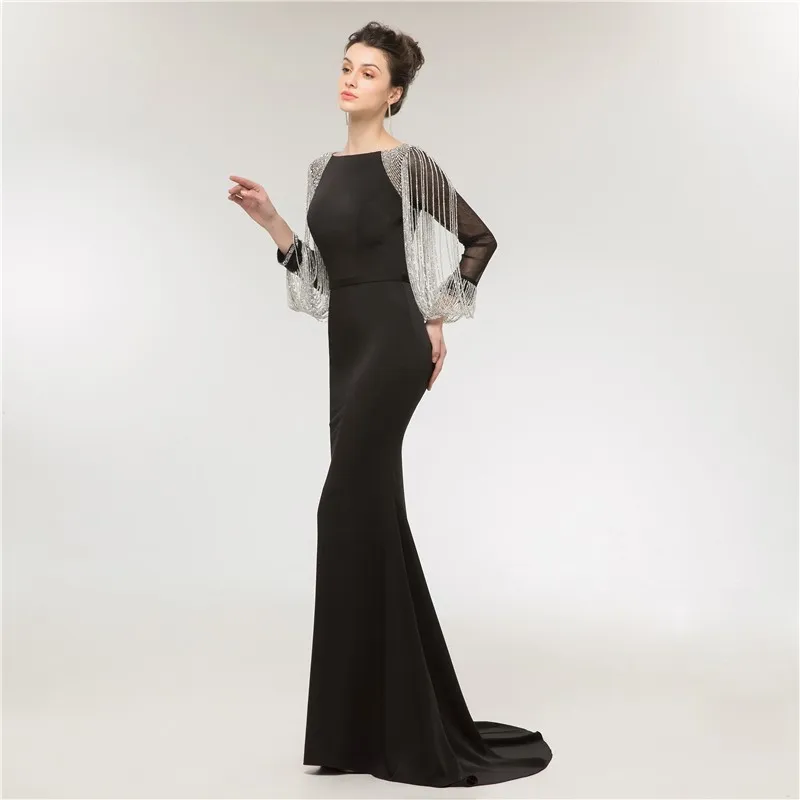 Vivian's Bridal Illusion Sleeve Beading Ribbons Women Long Evening Gown Black Floor-length Court Train Mermaid Dress | Свадьбы и