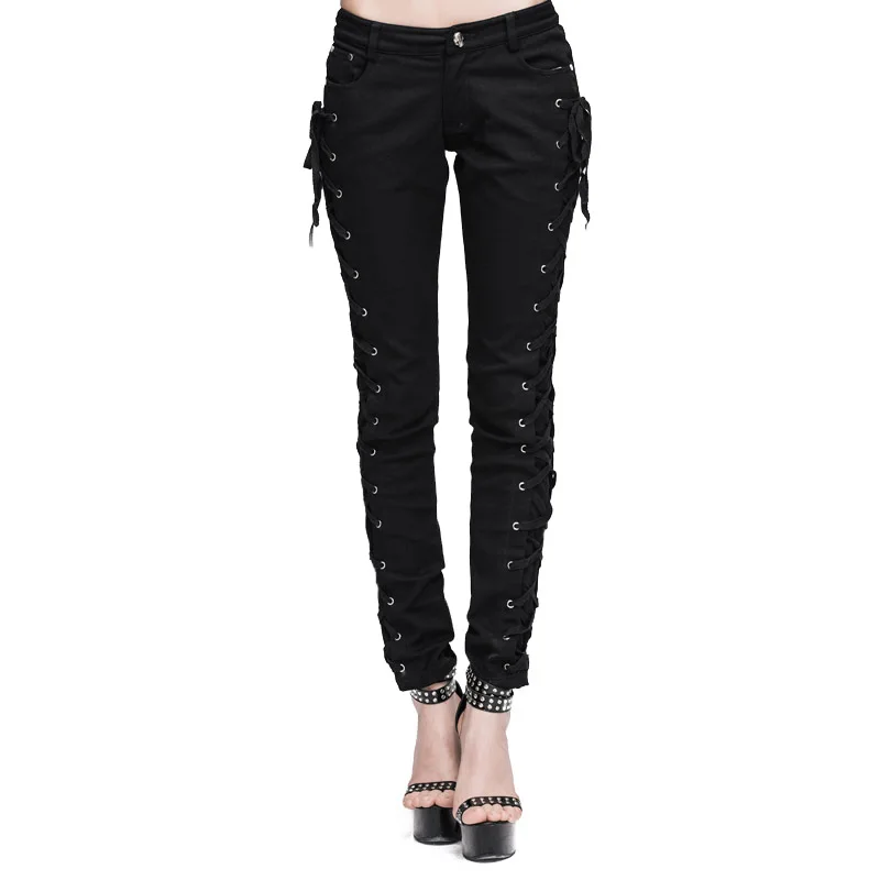 Steampunk Women Gothic Cotton Pants Full Length Twill Woven Fabric Strap Tight Pants High Waist Trousers Pantalones TRW105