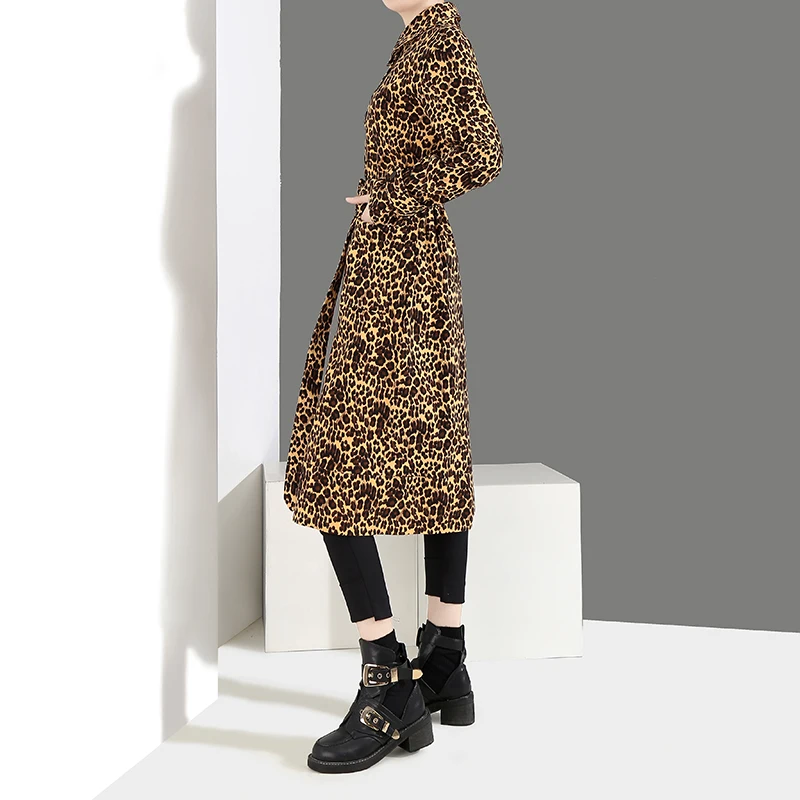 Новинка 2018 г. корейский стиль Для женщин зима Leopard длинный плащ с лацканами