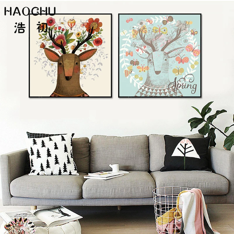 HAOCHU винтажный Ретро Сика олень декоративная картина цветы Северный абстрактный