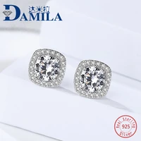 fashion square crystal 925 sterling silver earrings for women bling cubic zirconia stone stud earrings for female girls gifts