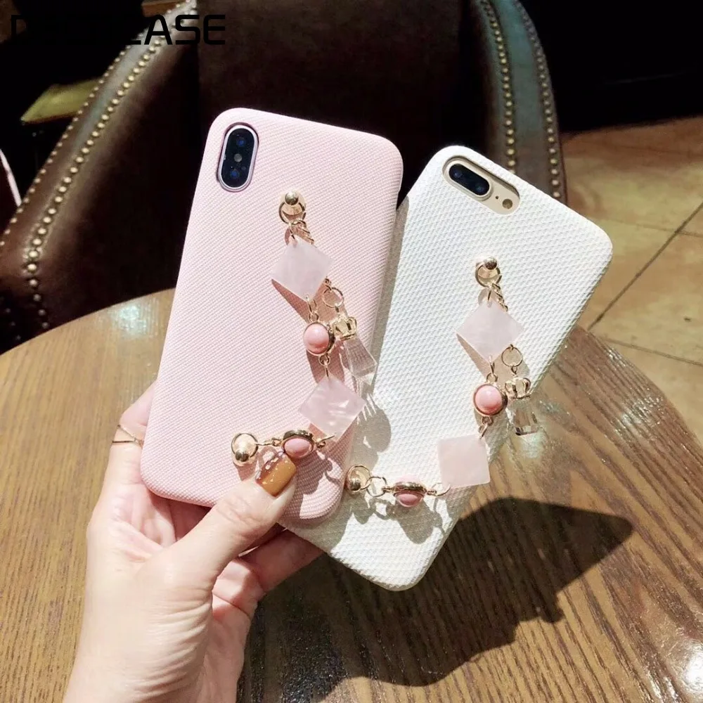 DECOCASE Pink White Fabric Phone Cases with Metallic Marble Chain Wrist Strap Covers for iPhone 6s 7 8 Plus X Max |