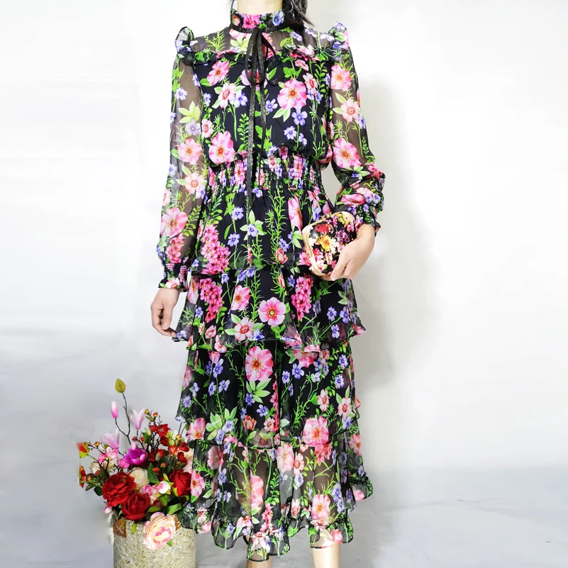 High quality 2020 new fashion summer dress Designer Long Sleeve Floral Print Cascading Ruffle Bohemian Silk Women Dress