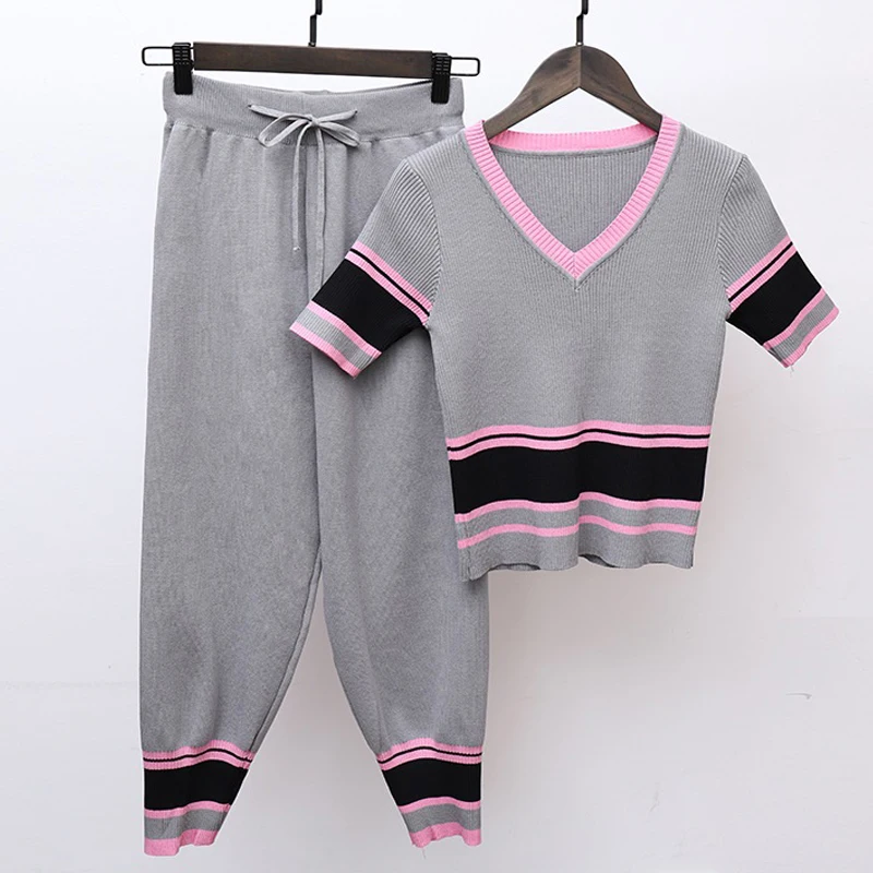 Женский трикотажный костюм в полоску комплект со штанами и 2 шт. Новинка лета