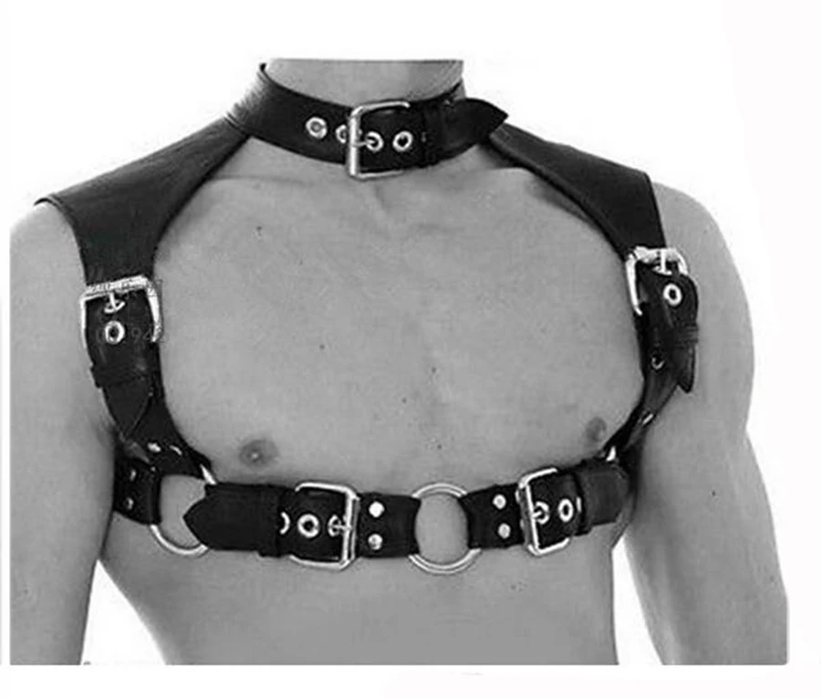Men's Black Leather Armour Chest Harness Costume with Neck Collars Cosplay Bondage Accessories |