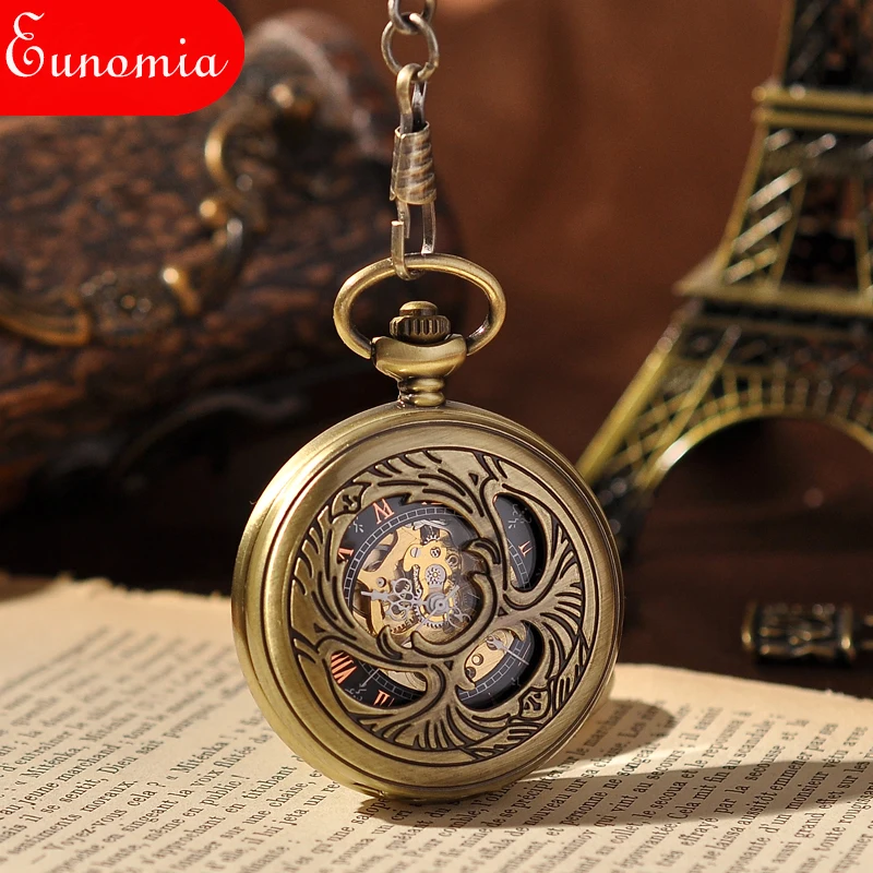 Часы скелетоны Мужские механические Модные Винтажные золотистые карманные