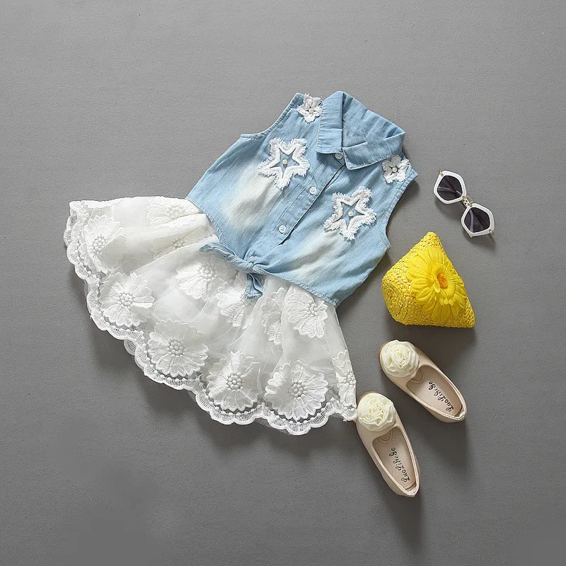 2018 New 2pcs Set Girls Clothes Suits Lace Cowboy Suit Jacket + Skirt Pentacle Star Fashion Denim Kids Princess Party | Детская одежда