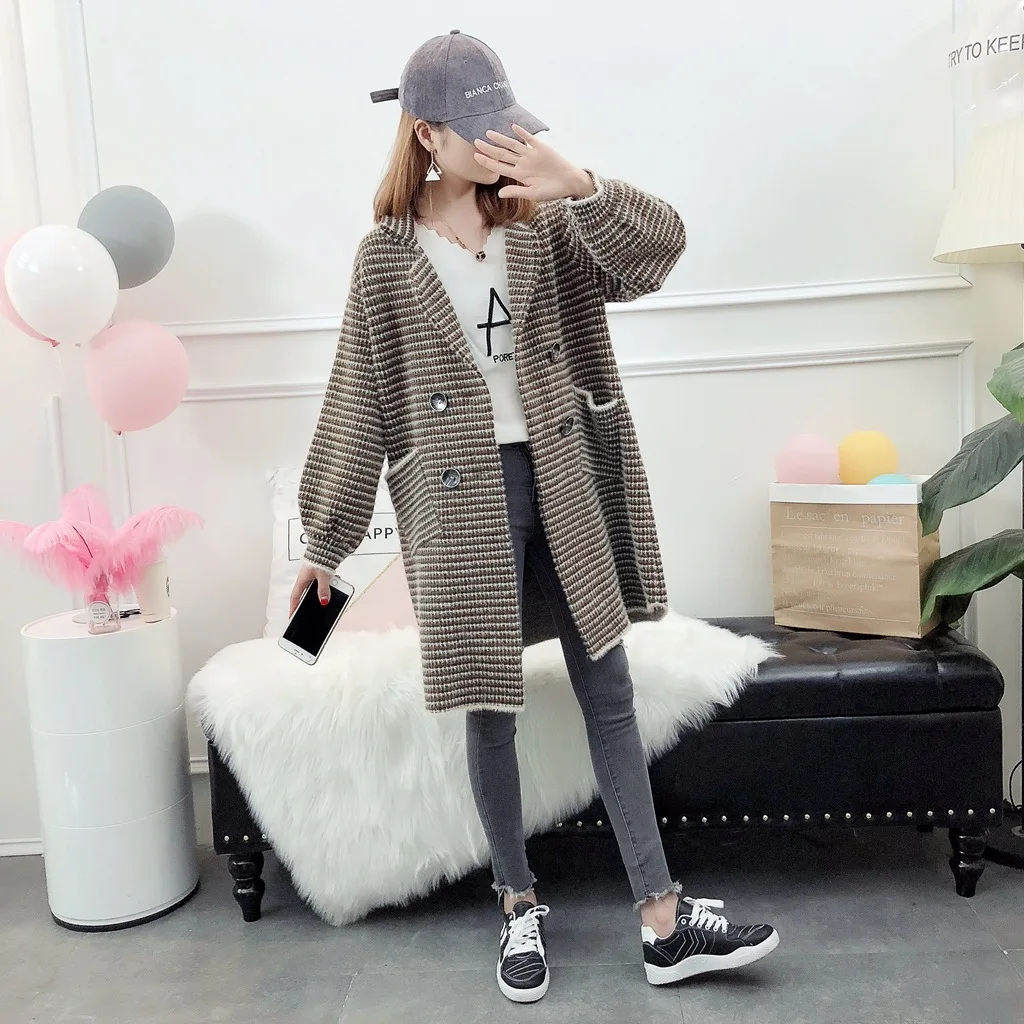 2019 осень и зима новая имитация вельвета длинная вязанная куртка Женская