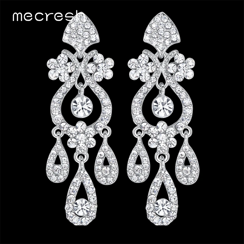 Женские серьги капельки Mecresh длинные серебряные с кристаллами в виде листиков