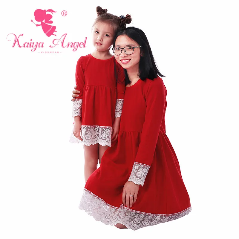 Kaiya Angel/красное хлопковое кружевное платье Модные платья для мамы и дочки