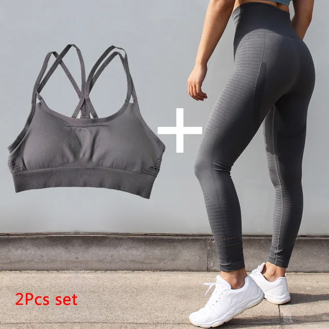 Grey set Женский комплект для йоги, для спортзала, фитнеса, спортивная одежда, спортивный бюстгальтер+ штаны, трико для бега, беговые Леггинсы для йоги и тренировок, спортивный костюм - Цвет: Grey set