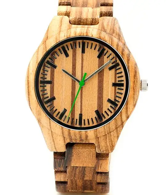 zebra wood band Бобо птица v-k28 Зебра древесины wristwant мужские Стиль дерево циферблат зеленый вторая рука кварцевые часы древесины/кожаный ремешок в подарочная коробка - Цвет: zebra wood band