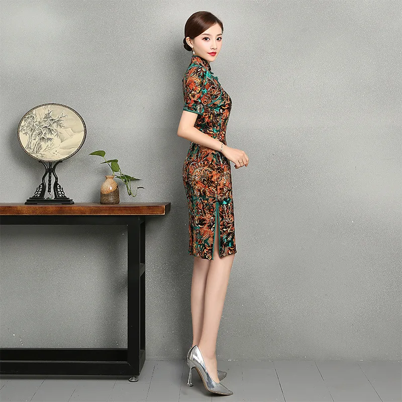 Бархатные Cheongsam Rotator манжеты китайское платье Qipao платья 3/4 рукав Восточный Стиль Платье женское платье Mariage Femme Chipao Китай