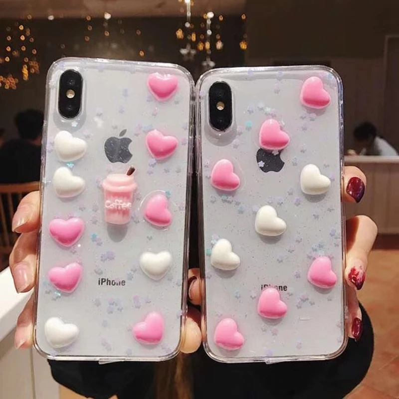 

Tfshining 3D Heart Korean Glitter Phone Case for iphone 11 X XS Max XR 6 6s 7 8 Plus X SE 2020 Stylish TPU Soft Girly Case