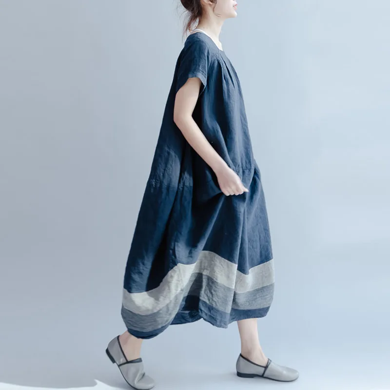 Women Patchwork Round Neck Short Sleeve Loose Long Shirt Cotton Dress Female Brief Vestido Pullover Oversize Baggy Party Kaftan | Женская