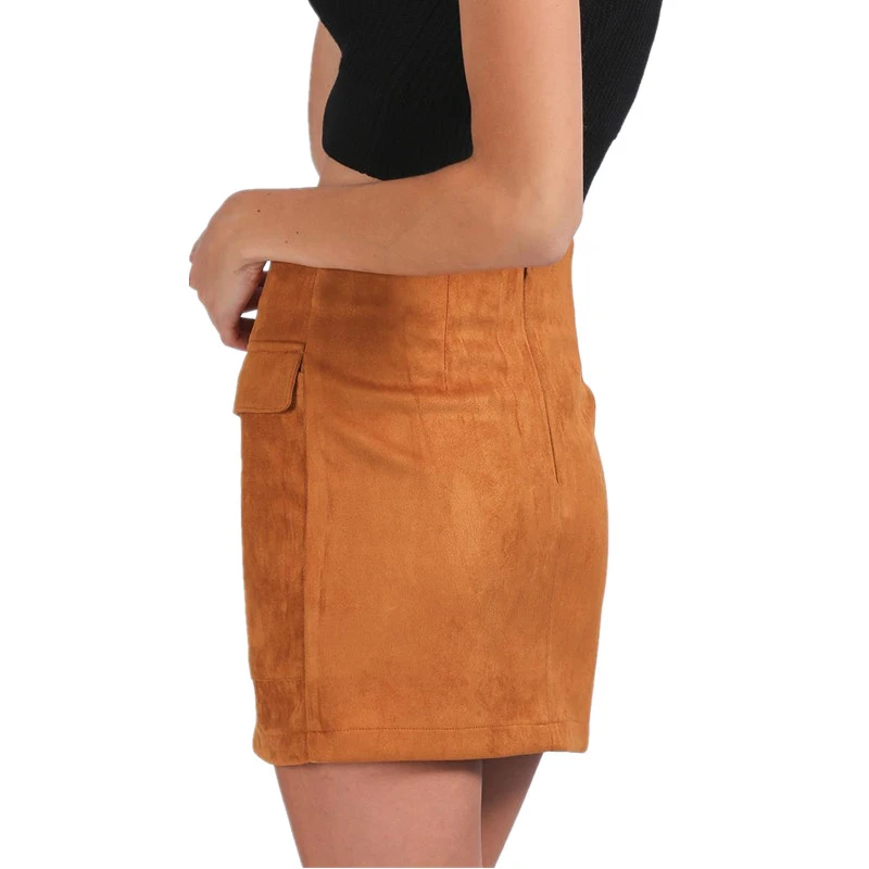 2016 Autumn Winter New Elegant Sexy 90's Vintage Bodycon Suede Leather Pocket Lace Up High Waisted Women Mini Short Pencil Skirt | Женская