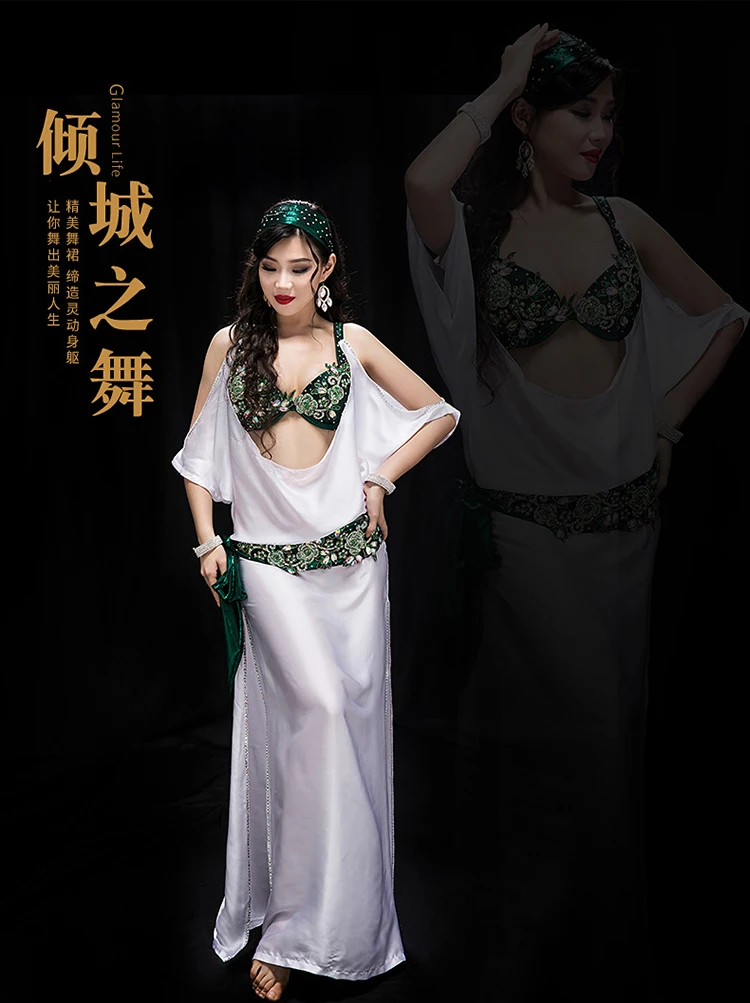 New high grade Professional Performance Dancewear bra+dress+belt+headscarf+shorts 5pcs Outfit Women Bellydance Costume YC040