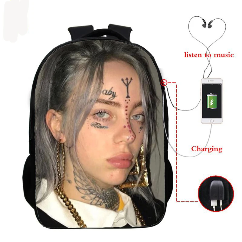 backpack 1 Billie Eilish, 16 дюймов, рюкзаки для мальчиков и девочек, школьные рюкзаки, Студенческая сумка для книг, детские сумки, Usb зарядка, Sac A Dos - Цвет: backpack 1