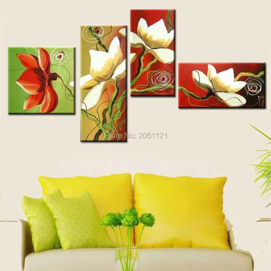 4 панели нерегулярная Современная Группа рисунок на холсте Цветы красный зеленый