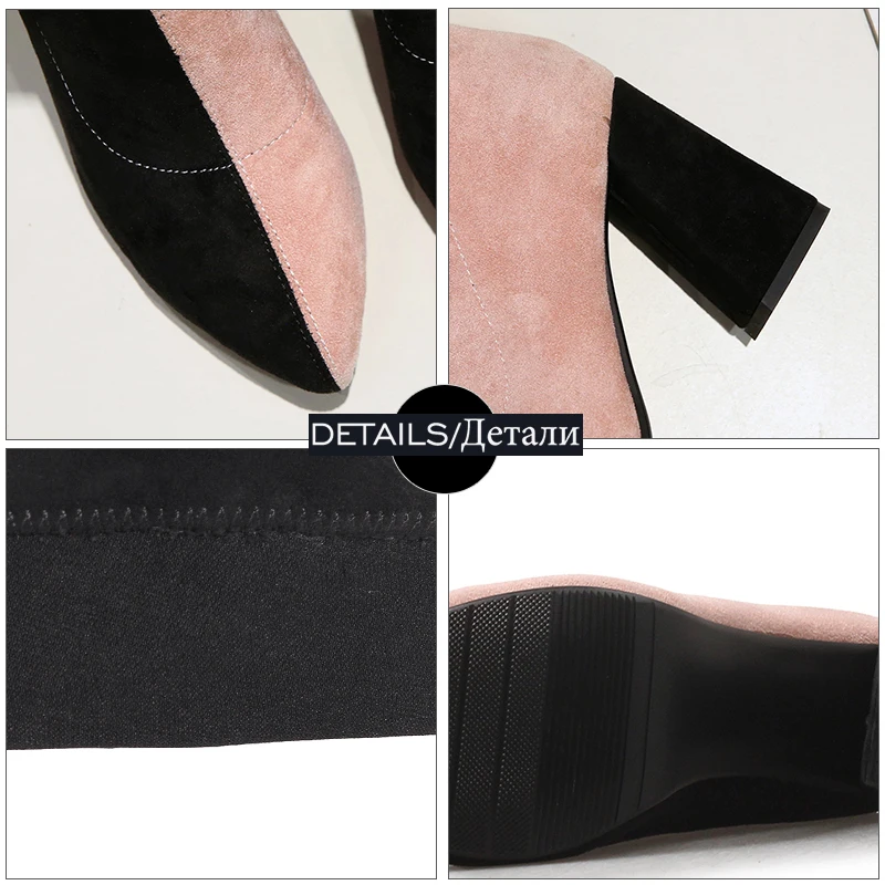 

WETKISS High Heels Knee High Women Boots Pointed Toe Footwear Fashion Party Female Boot Stretch Flock Shoes Woman Spring 2019