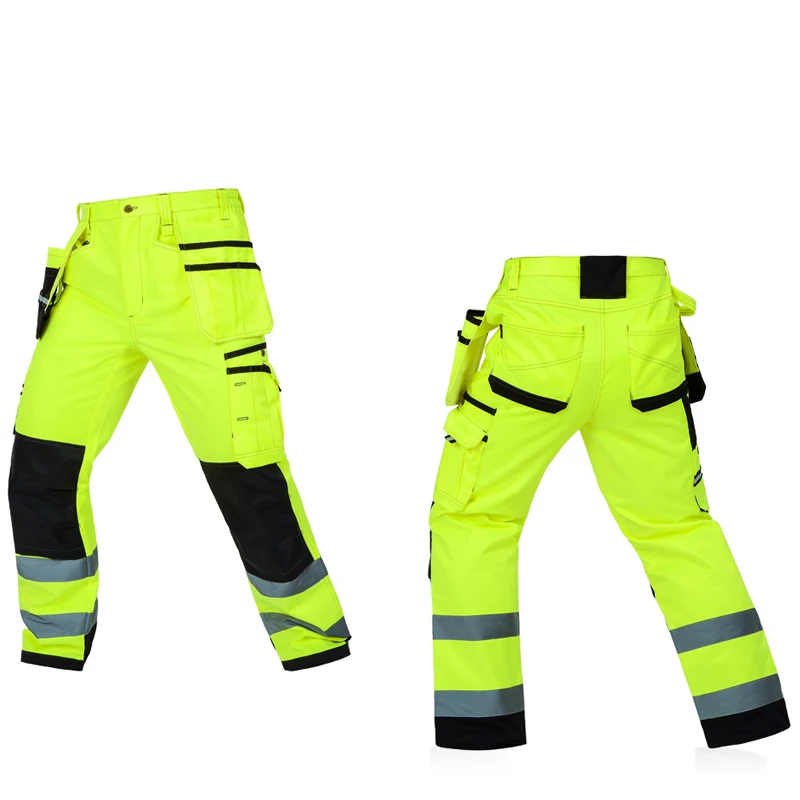 

Reflective Men Working Pants High Visibility Fluorescent Yellow Multi-pockets Work Trousers With Knee Pads Workwear Cargo Pants
