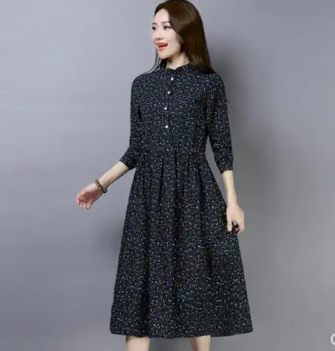 Navy Blue Осень-зима, женское вельветовое платье с длинным рукавом, Повседневные Вечерние Платья с цветочным принтом и эластичной талией, женские платья Vestidos - Color: Navy Blue