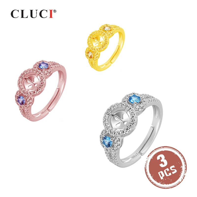 CLUCI 3 шт. 925 пробы серебро круглый кольцо с голубым Цирконом для Для женщин свадебные Обручение регулируемое кольцо ювелирных изделий