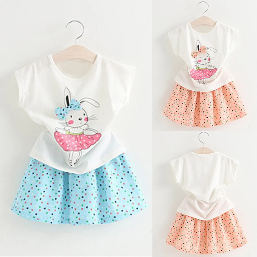 Летняя Милая одежда для маленьких девочек футболка с мультяшным кроликом + юбка в