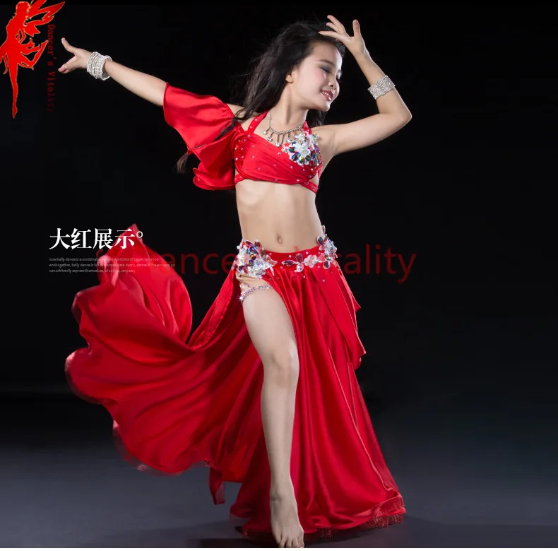 luxury silk dress handmade beaded belly dance costume girl 3 piece set for children internship performance skirt red royal blue |