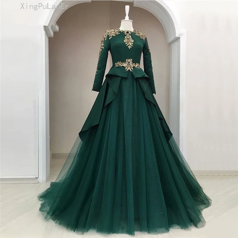 

Green Muslim Evening Dresses 2019 A-line Long Sleeves Tulle Lace Crystals Islamic Dubai Saudi Arabic Long Elegant Evening Gown