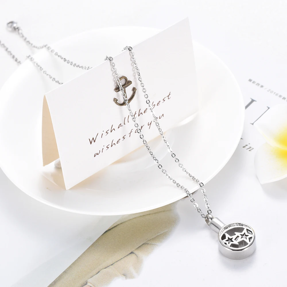 IJD9624 Round Shape 316L Stainless Steel Memorial urn Jewelry&ampNecklace Crytsal Moon And Star Keepsake Cremation Ashes pendant | Украшения