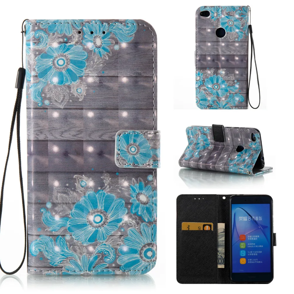 Blue Flower 3D Colorful Pattern Wallet Flip Stand Pouch Shell Skin Case For Huawei P8 lite 2017 5.2&quot Leather Cover Coque Fundas |