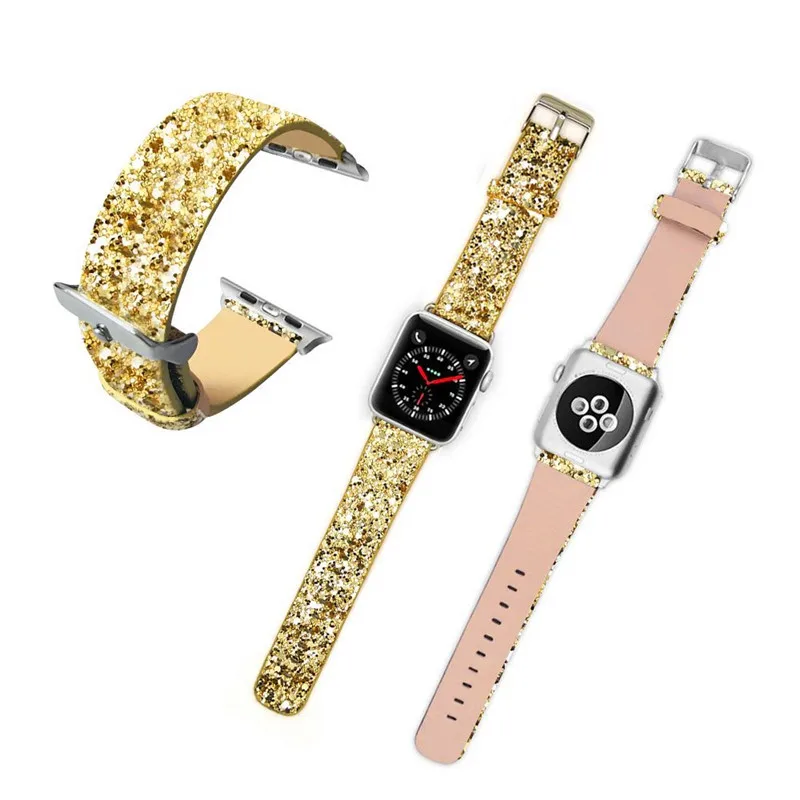 Глянцевая искусственная кожа ремешок для наручных часов Apple Watch, версии 44/42/40/38 мм Рождество Блестящий Браслет замена наручные часы для наручных часов iWatch, 4/3/2/1
