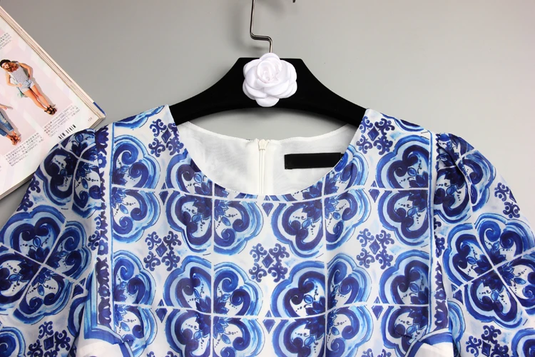 Женское платье с принтом синее и белое длинными рукавами лето-осень 2018 S-4Xl |