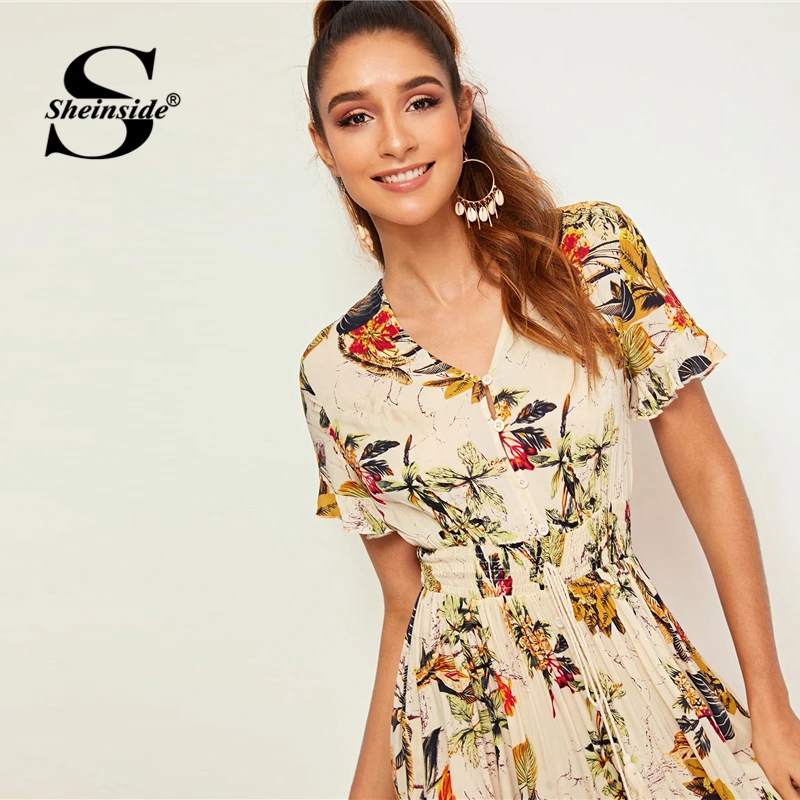 Sheinside Boho тропический принт рубашка платье для женщин Лето короткий рукав эластичный шнурок на талии платья женское плиссированное платье