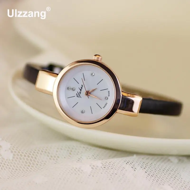 Женские кварцевые часы Yuhao с тонким кожаным ремешком и стразами розовое золото