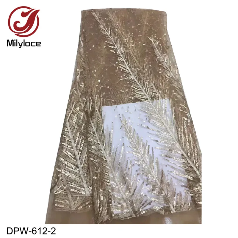 yellow Milylace нигерийская Кружевная Ткань 5 ярдов блестящее расшитое блестками Сетчатое кружево с вышивкой перьев для вечерние платья DPW-612 - Цвет: yellow