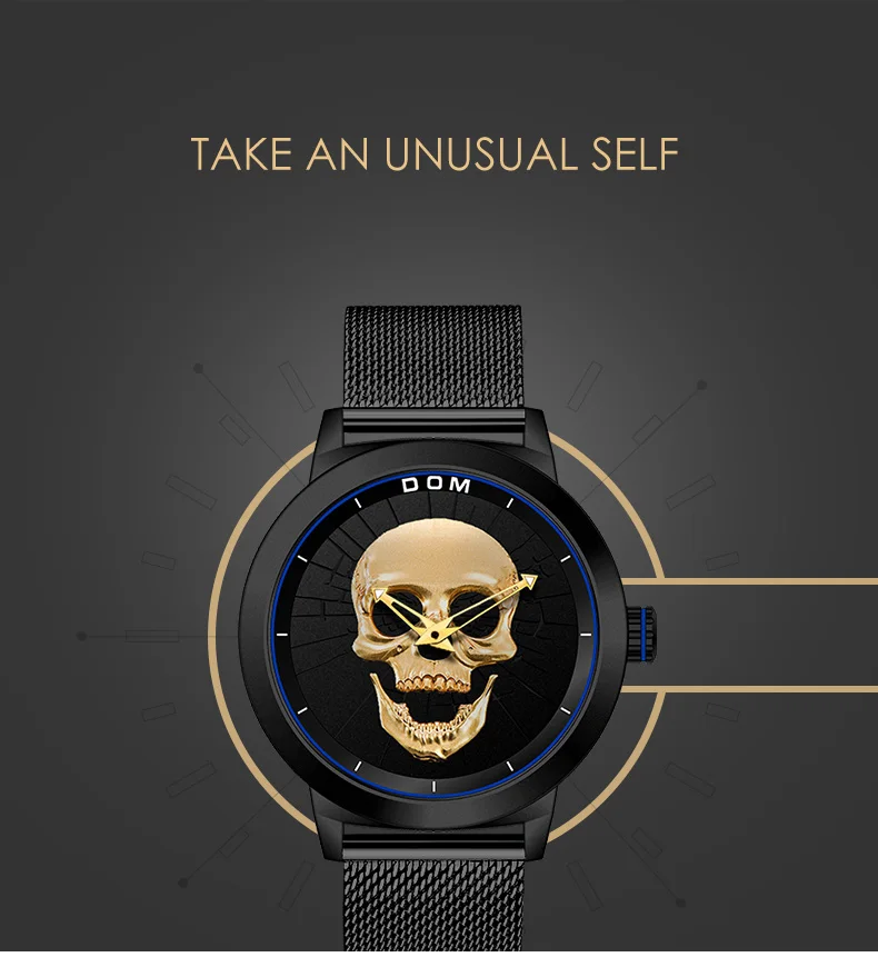 Мужские часы DOM Cool Bone, роскошный бренд, M-1231, креативные часы, черные мужские часы, Череп, стиль, кварцевые мужские часы, relogio masculino