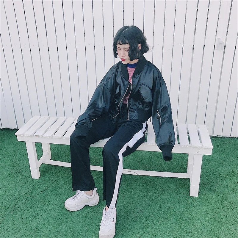 Зимняя куртка-бомбер для женщин Harajuku Pilot негабаритный свободный сплошной цвет рукав летучая мышь пальто короткий стиль Шикарный кольцо молния повседневная куртка